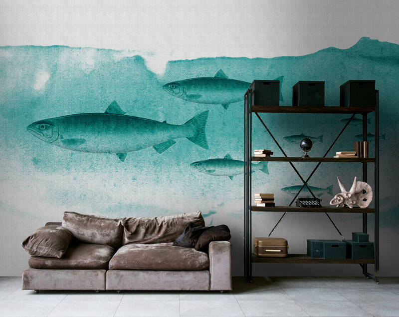            Into the blue 2 - Fish watercolour in green as photo wallpaper - natural linen structure - grey, green | matt smooth fleece
        