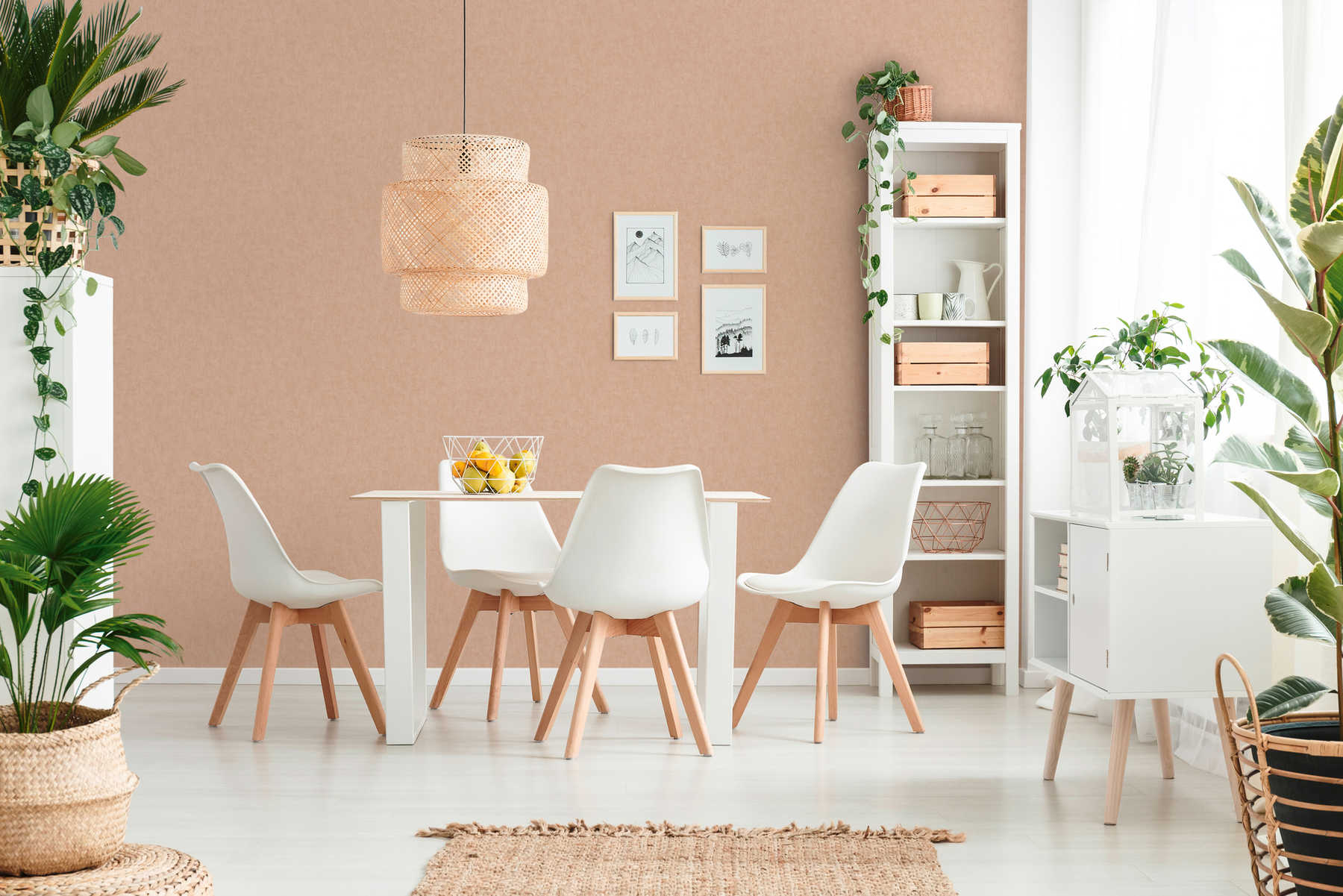             Wallpaper plain, linen look & Scandinavian style - pink, orange
        