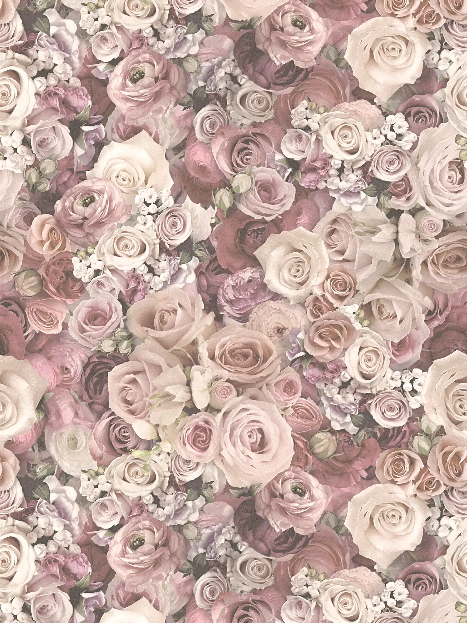 rose di carta da parati in un delicato mare di fiori rosa - crema
