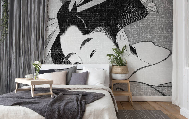             Asian mural with traditional samurai motif - white, grey, black
        