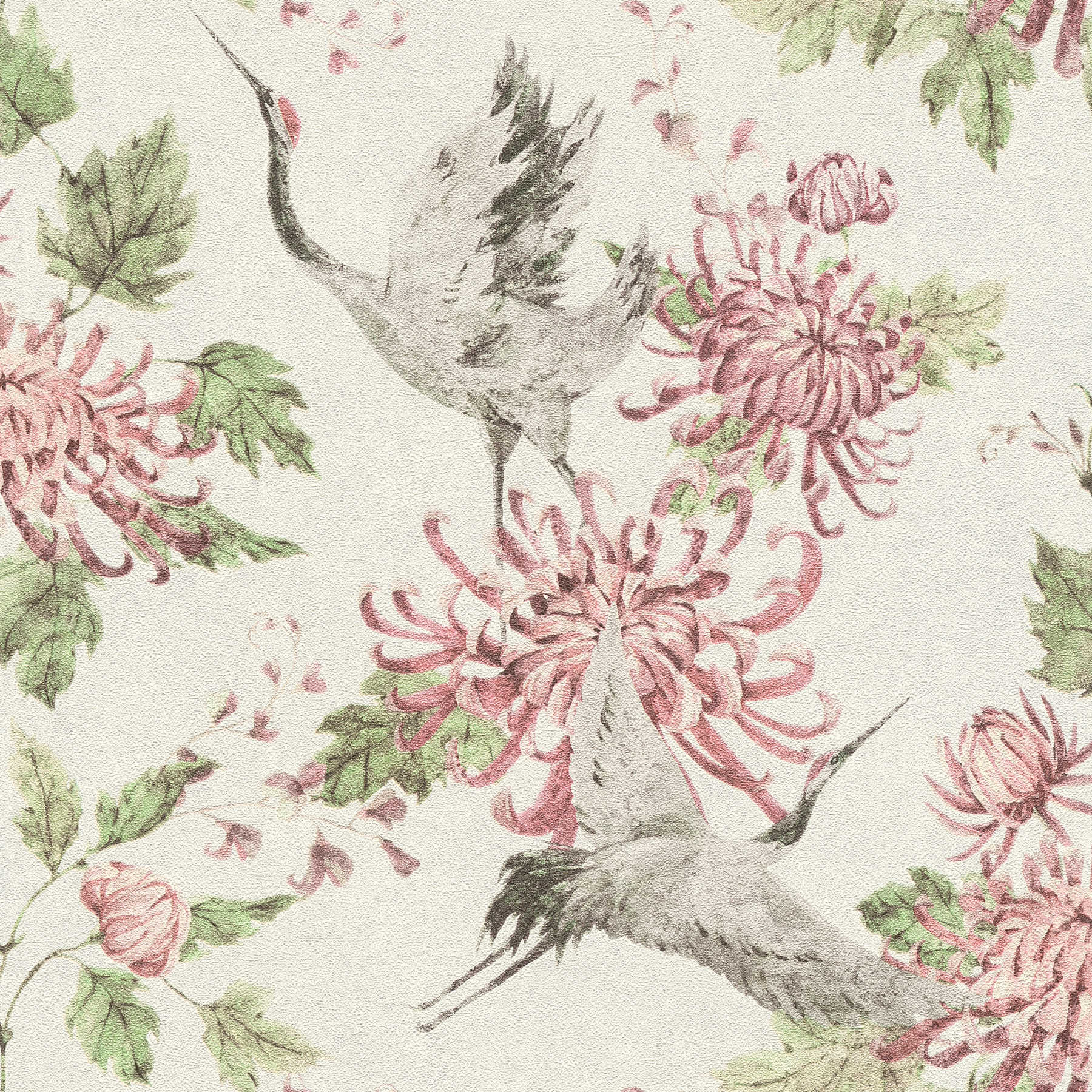         Pattern wallpaper with Asian crane and flower motif - pink, green, white
    