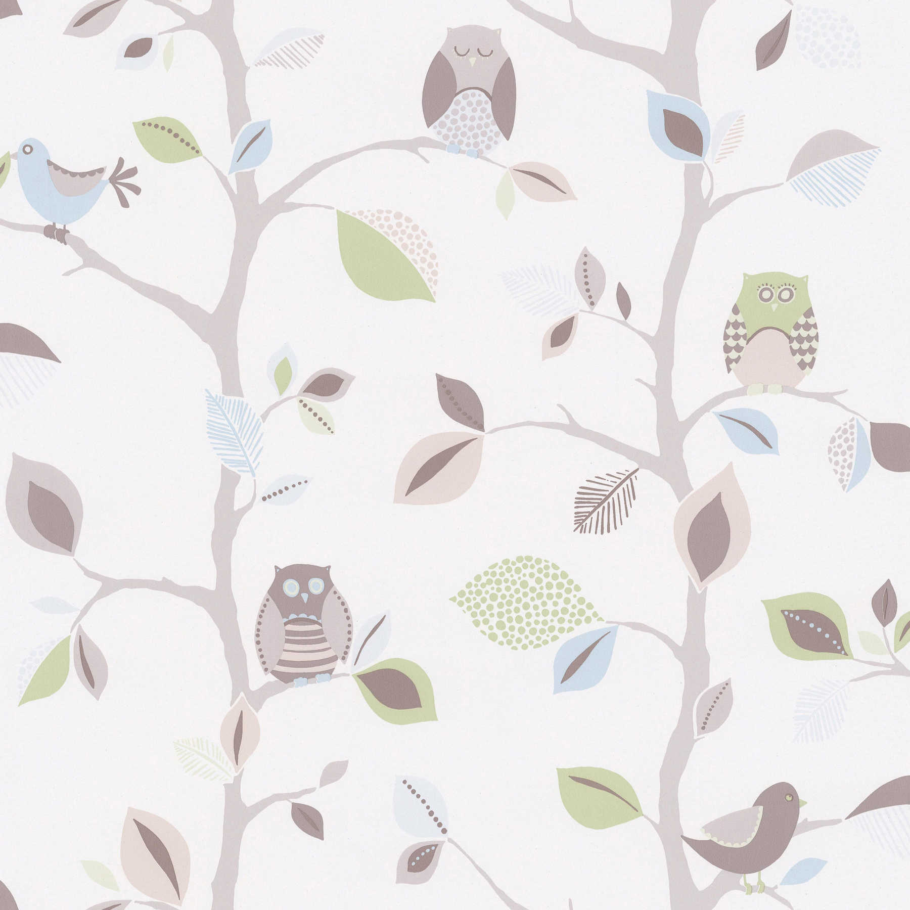 Nursery wallpaper paper with forest and owls - colourful, green
