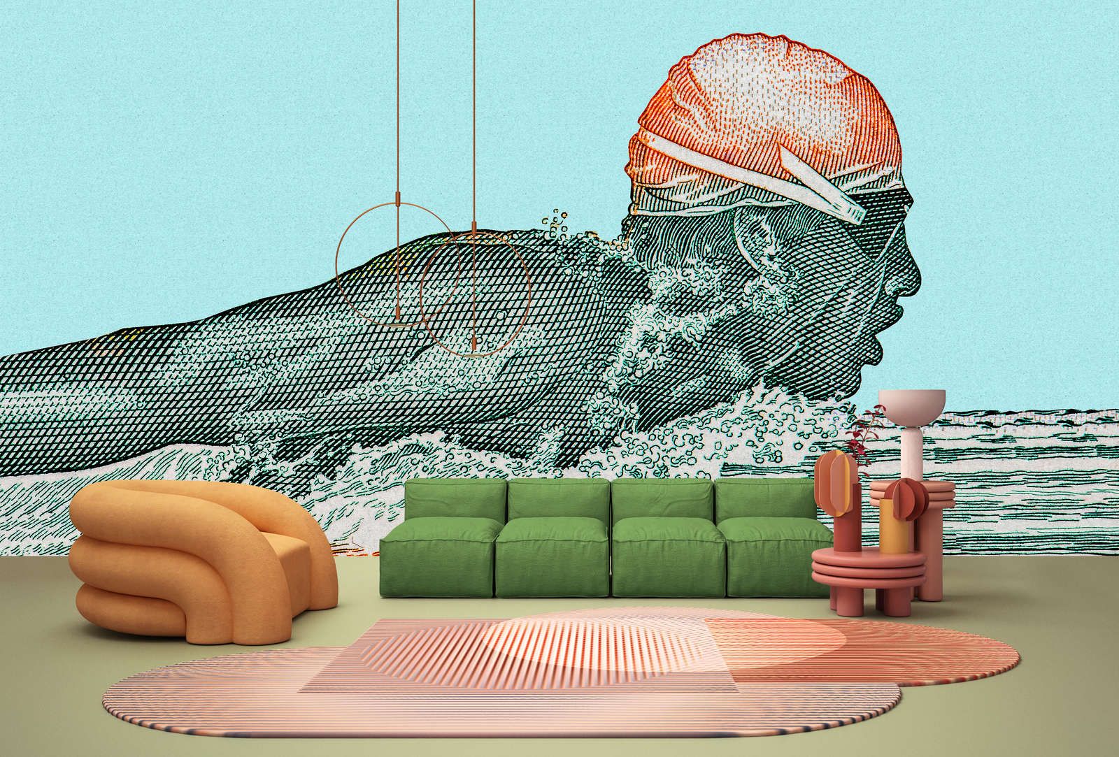             Photo wallpaper »aquaman« - swimmer in pixel design - petrol with kraft paper texture | matt, smooth non-woven fabric
        