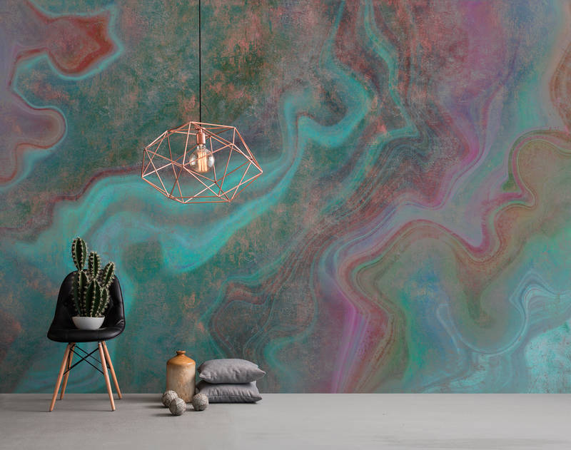             Marble 3 - Digital behang met krasstructuur in kleurrijke marmerlook als highlight - Blauw, Groen | Premium glad non-woven
        