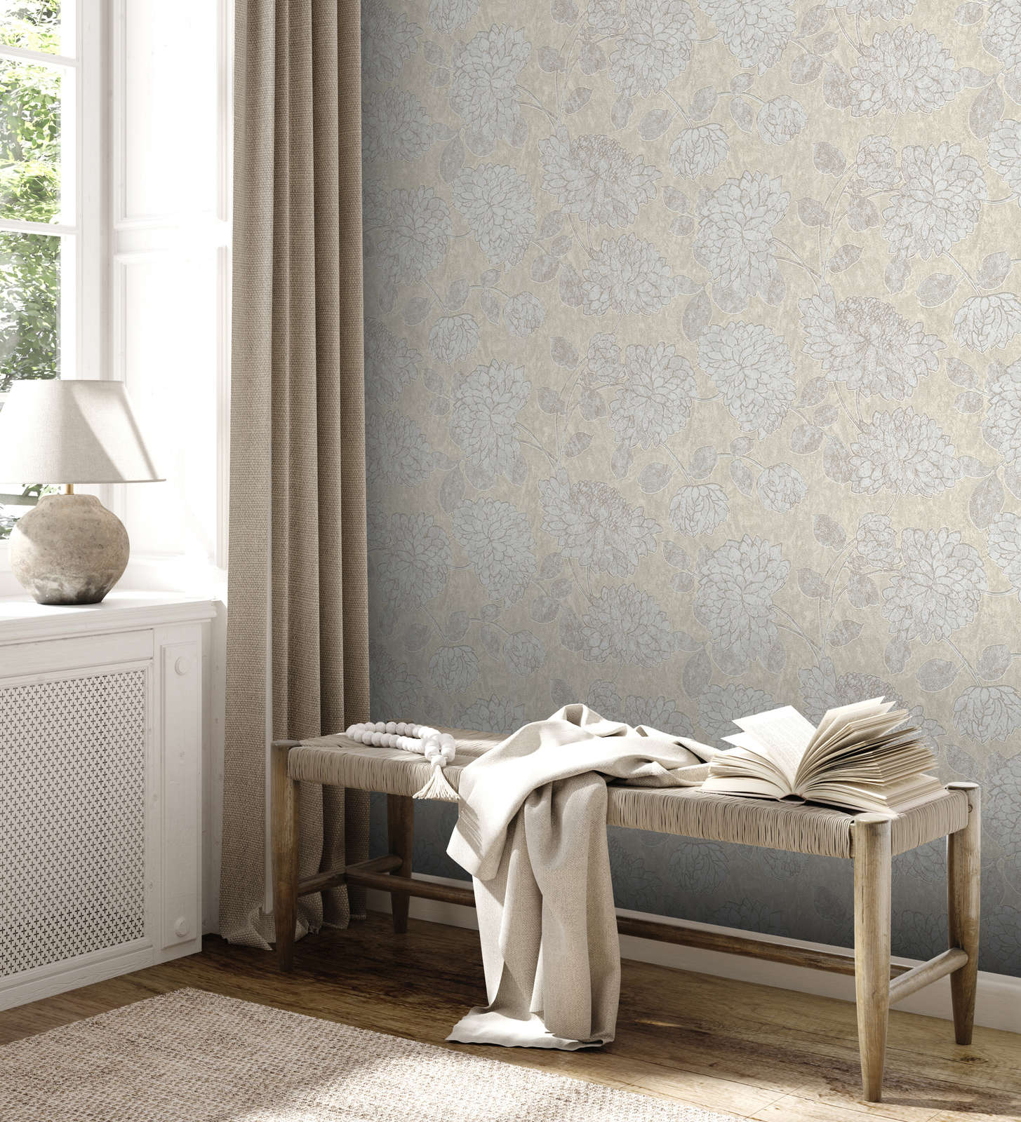             Floral pattern wallpaper with a slight sheen - beige, white
        