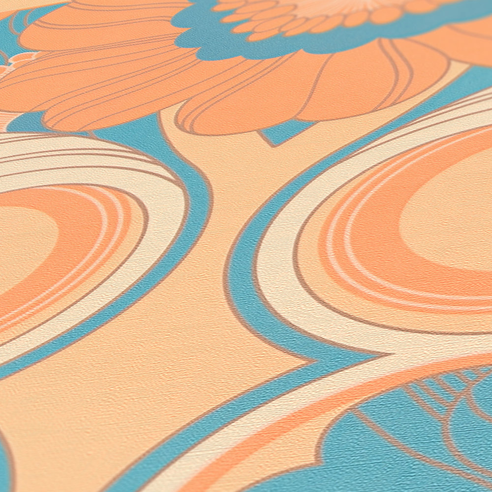             Papel pintado tejido-no tejido floral de estilo retro - beige, turquesa, naranja
        