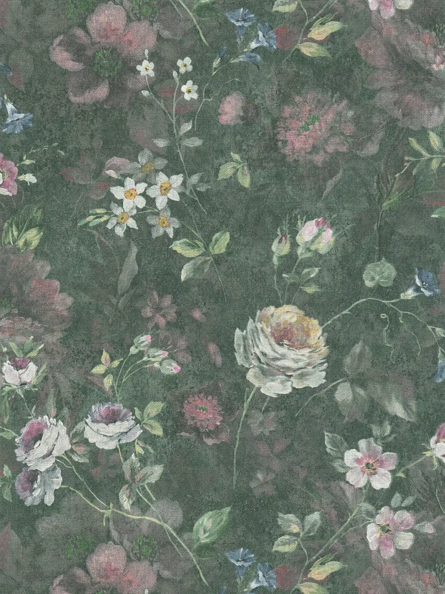 Papier peint intissé avec motif floral peint sans PVC - vert, blanc, rose

