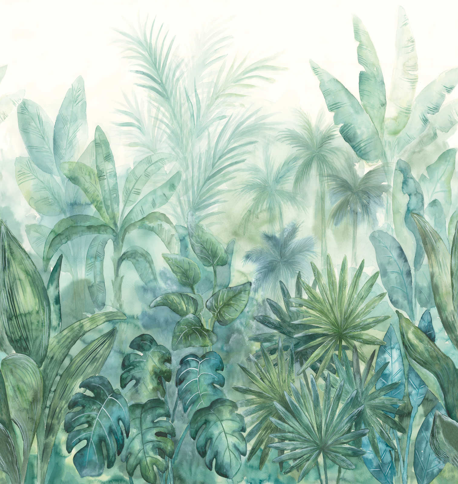             Watercolour jungle motif wallpaper - green, blue, cream
        