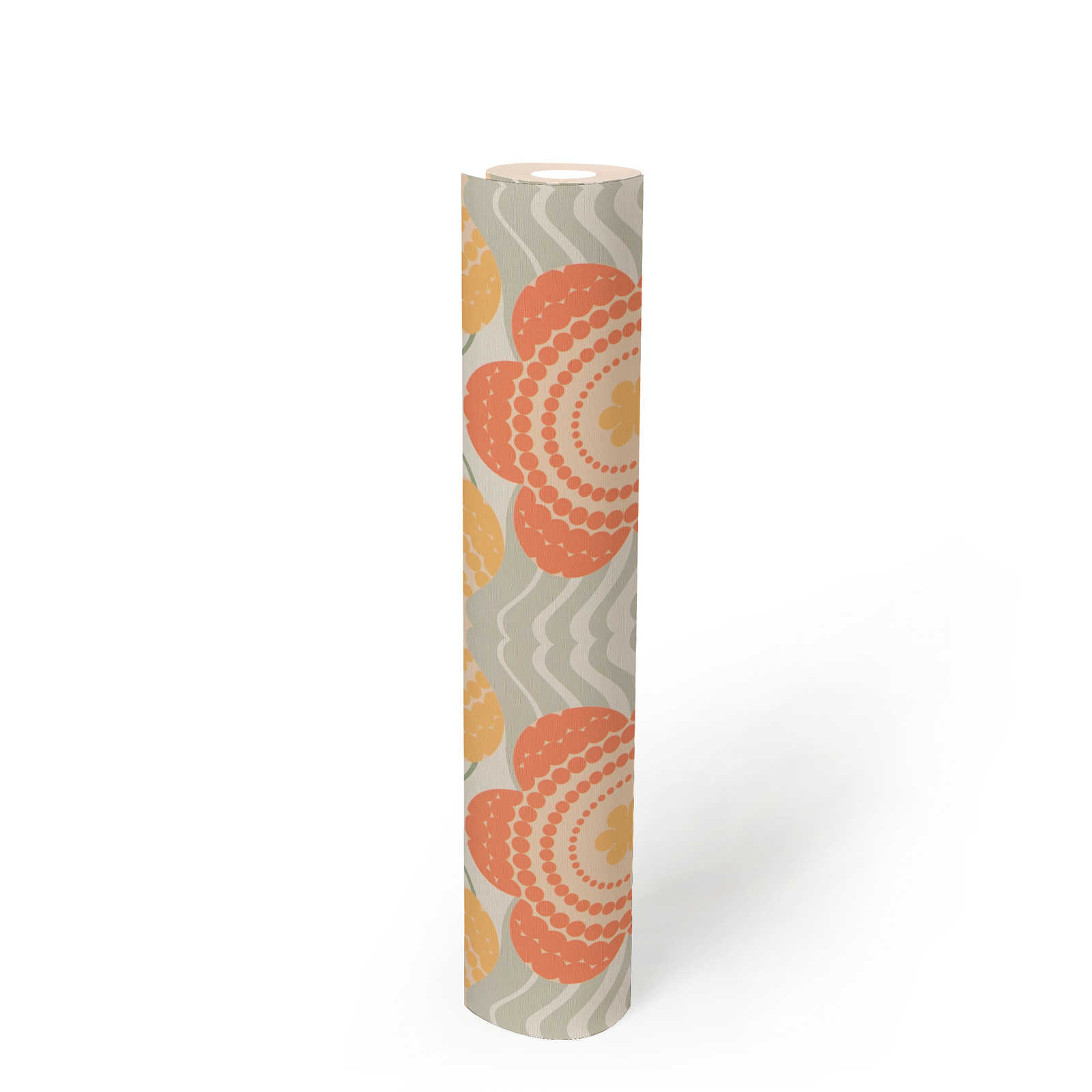             Retro non-woven wallpaper with waves and flowers pattern - orange, yellow, green
        