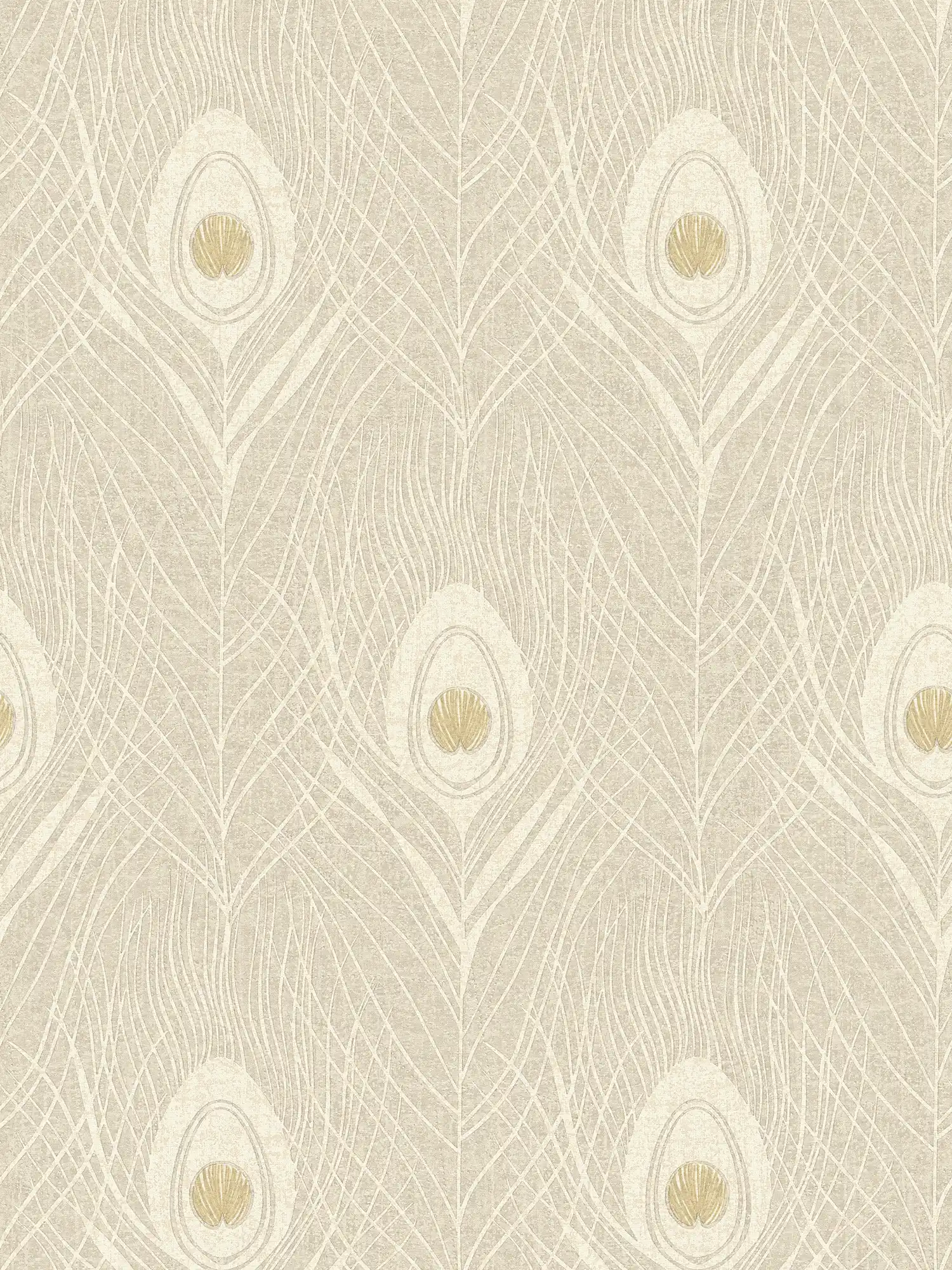 Sand coloured non-woven wallpaper with peacock feathers - beige, gold, grey
