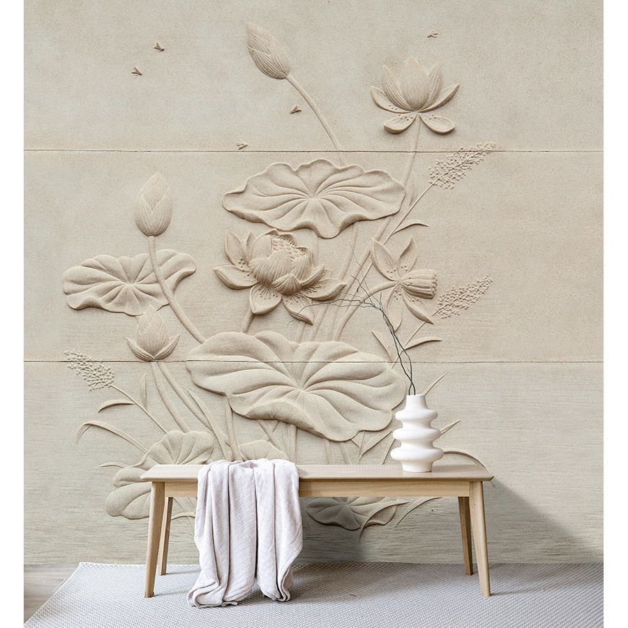 Photo wallpaper »fiore« - Floral relief on concrete structure - Matt, Smooth non-woven fabric
