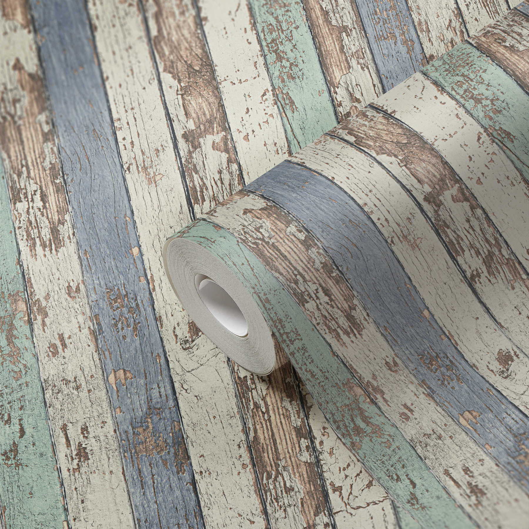             Wooden wallpaper with colourful board motif in shabby chic style - white, brown, blue
        