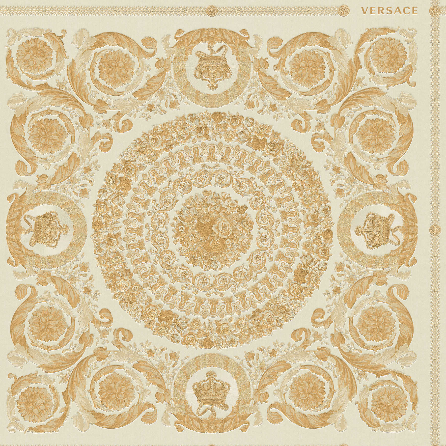 Luxury VERSACE Home wallpaper crowns & roses - gold, white, cream
