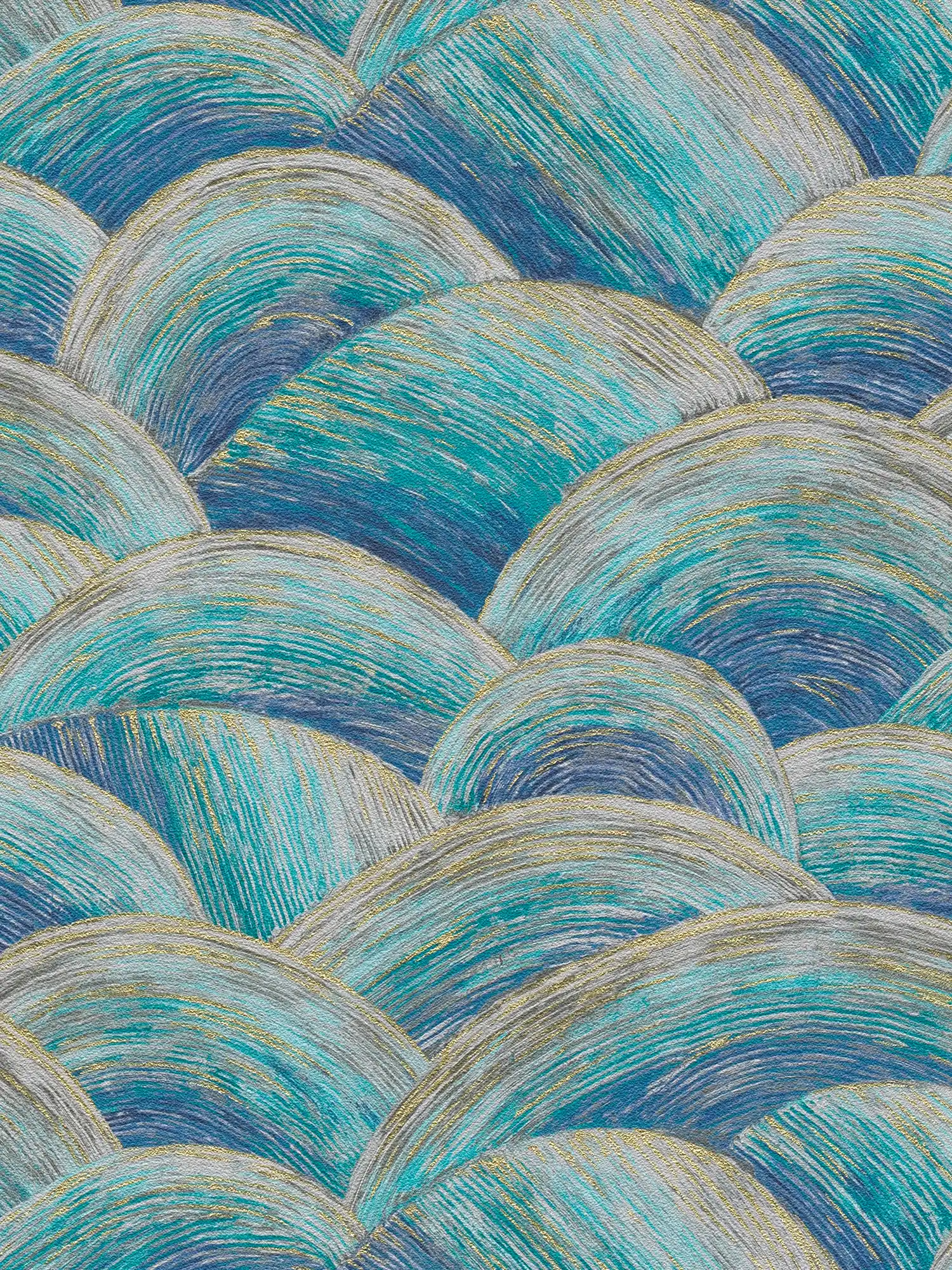 Papier peint abstrait intissé avec motif de vagues & effet brillant - bleu, turquoise, or
