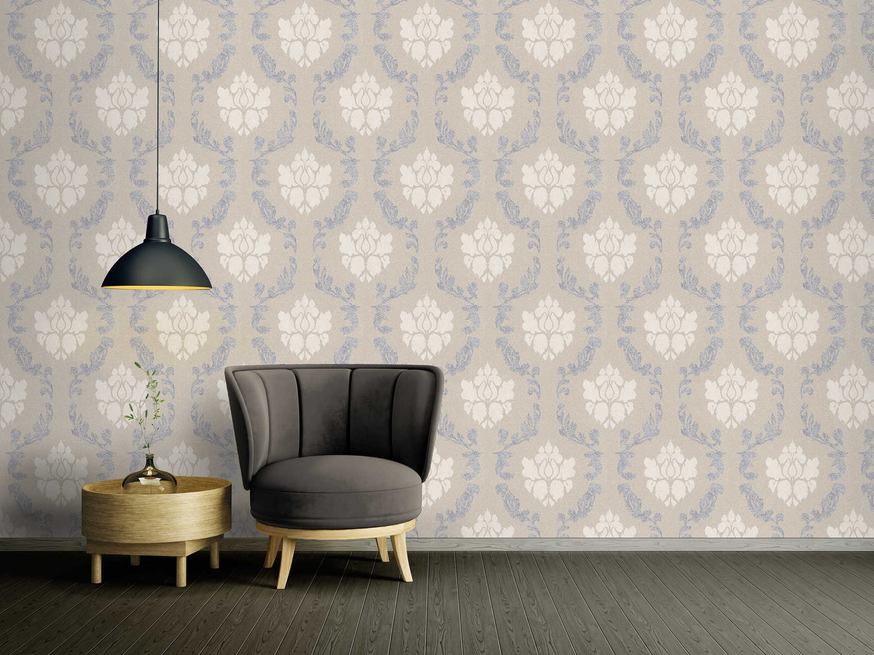             Ornament wallpaper with linen look - beige, cream, blue
        