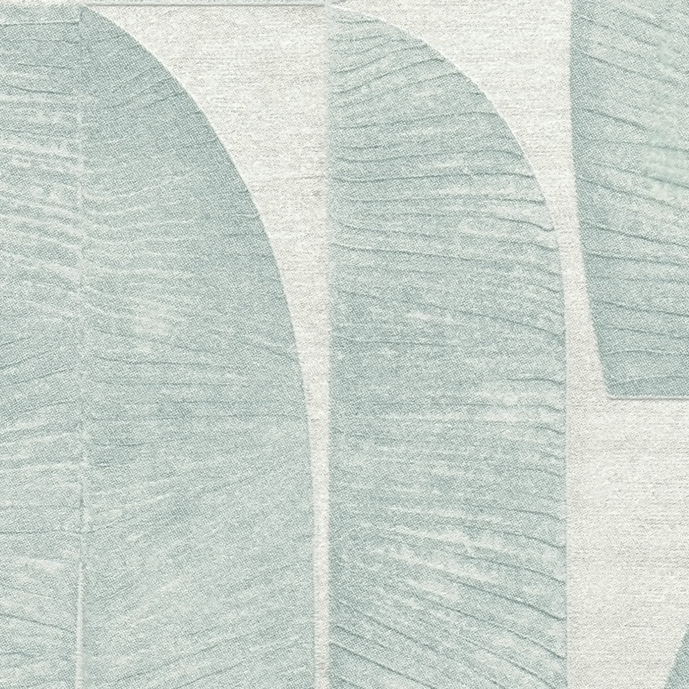             Papel pintado ligeramente texturizado con motivos geométricos de hojas - gris, azul, turquesa
        