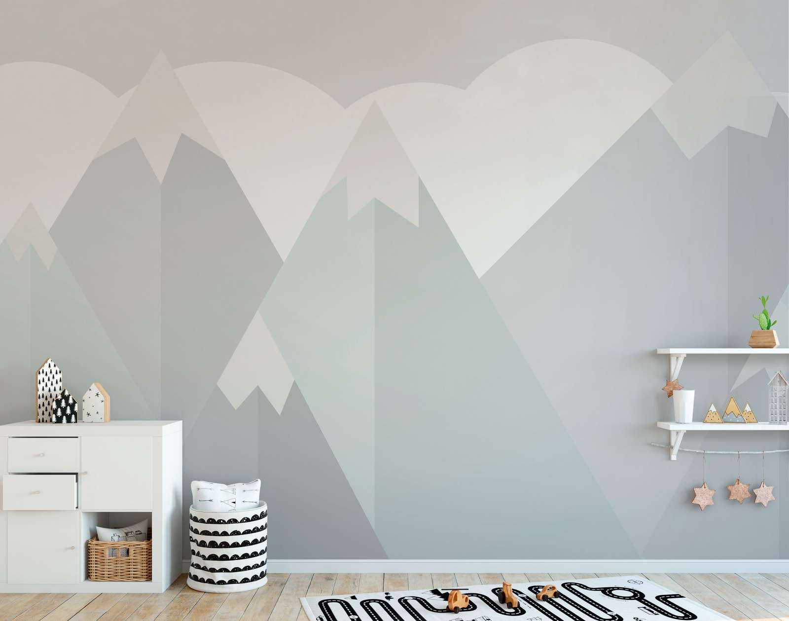             Nursery Mountains with Clouds Wallpaper - Blue, Grey, Green
        