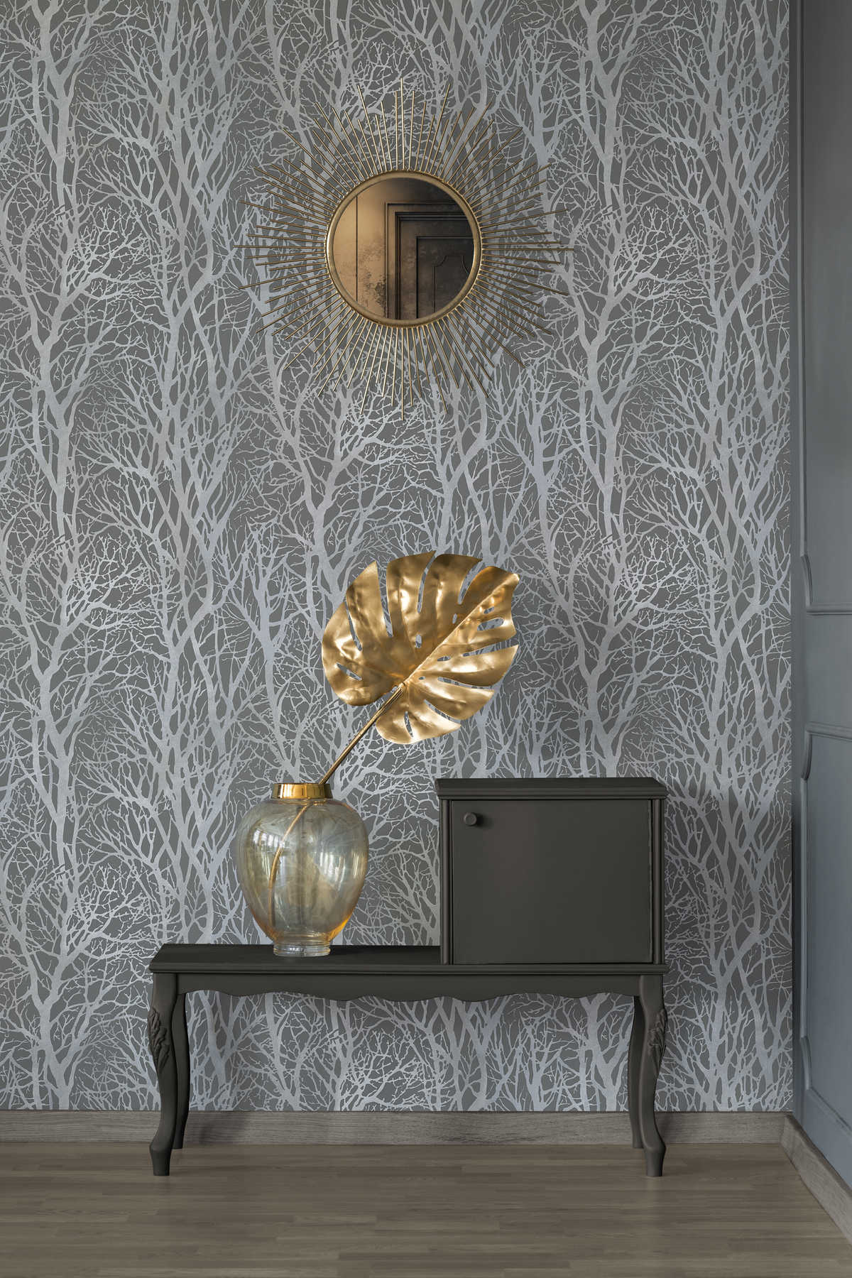             Anthracite wallpaper with branch motif & metallic effect - silver, grey
        