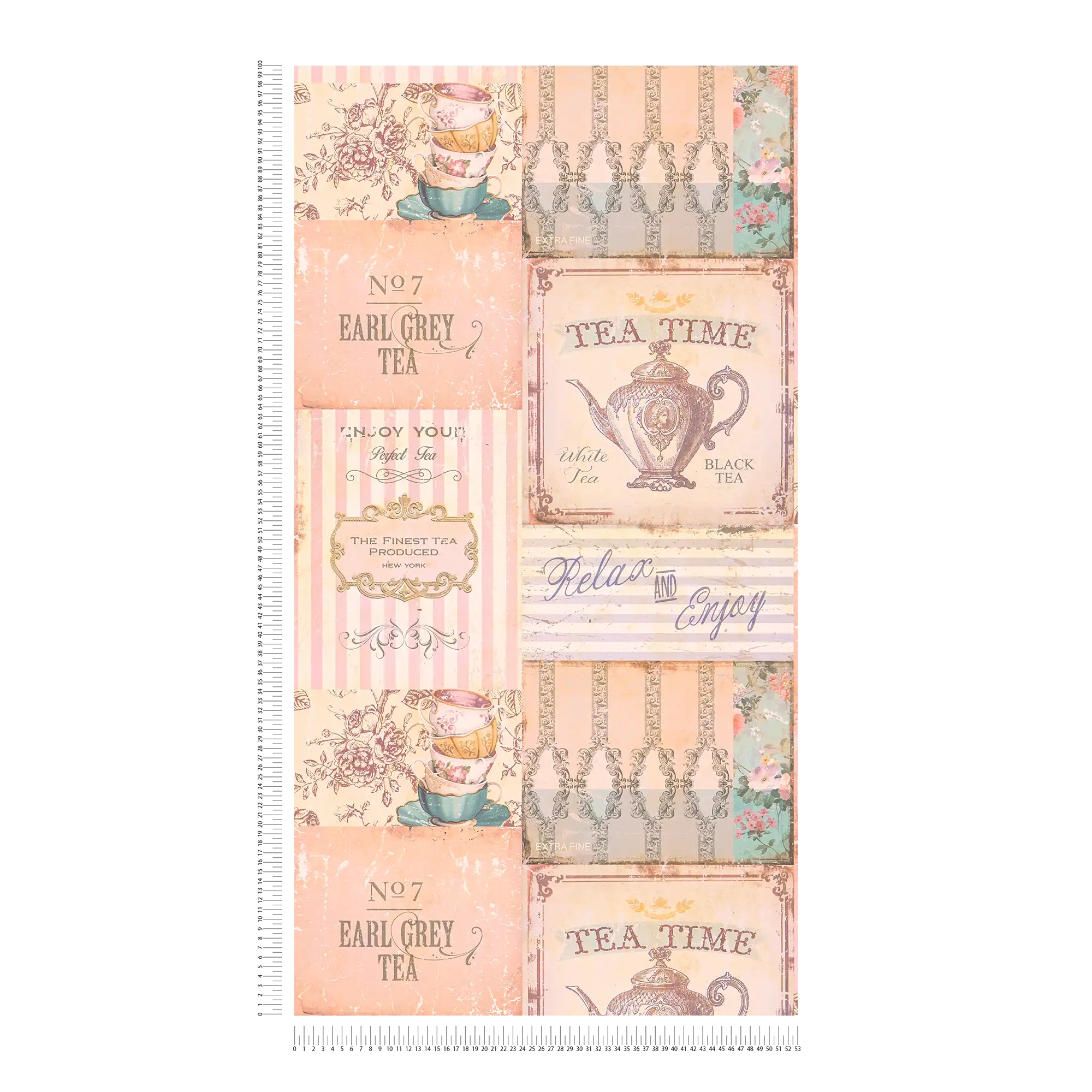             Kitchen wallpaper Tea Time collage in country style - pink, grey, blue
        