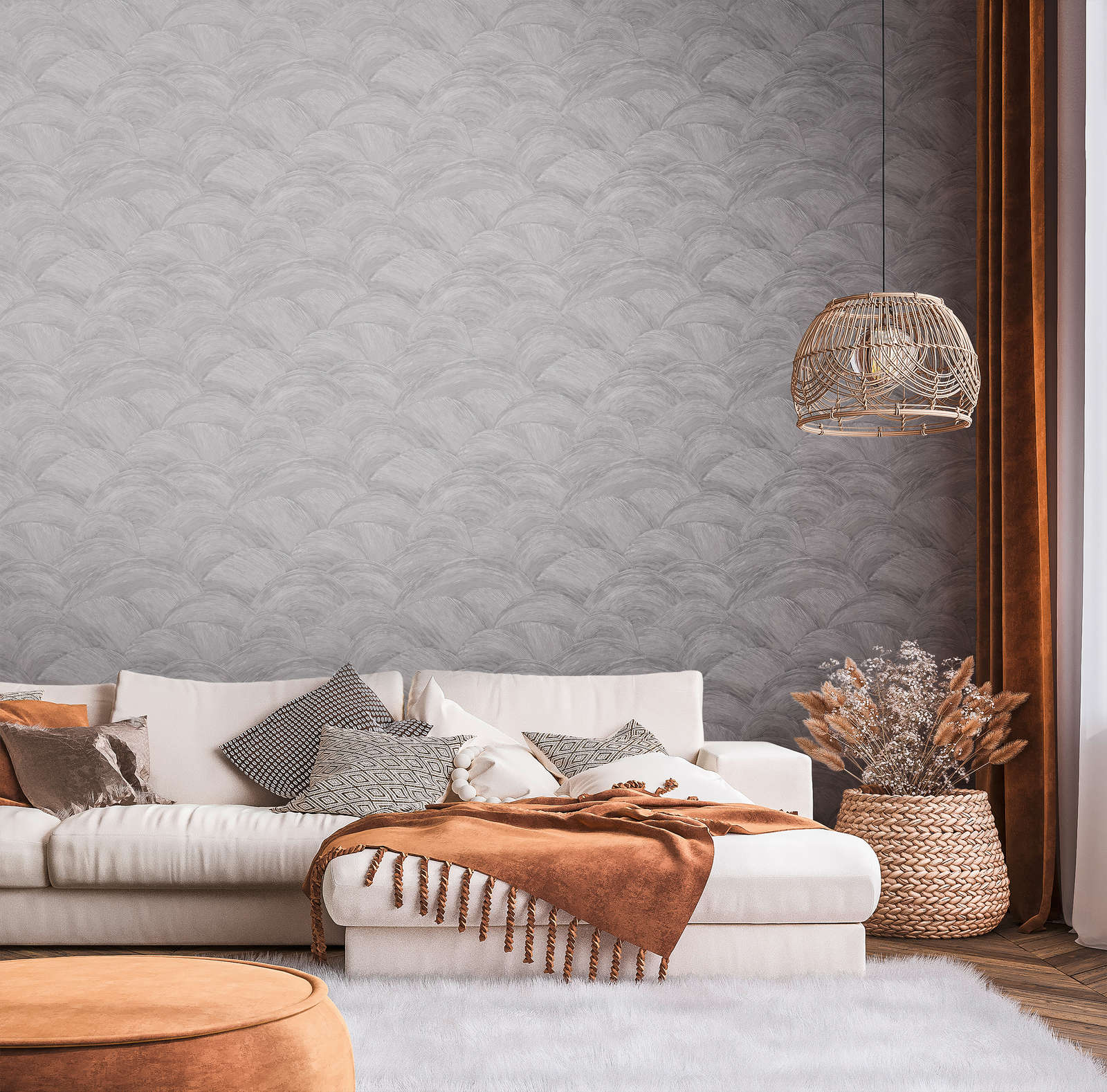             Non-woven wallpaper with wavy wipe-textured look & gloss effect - grey, silver
        