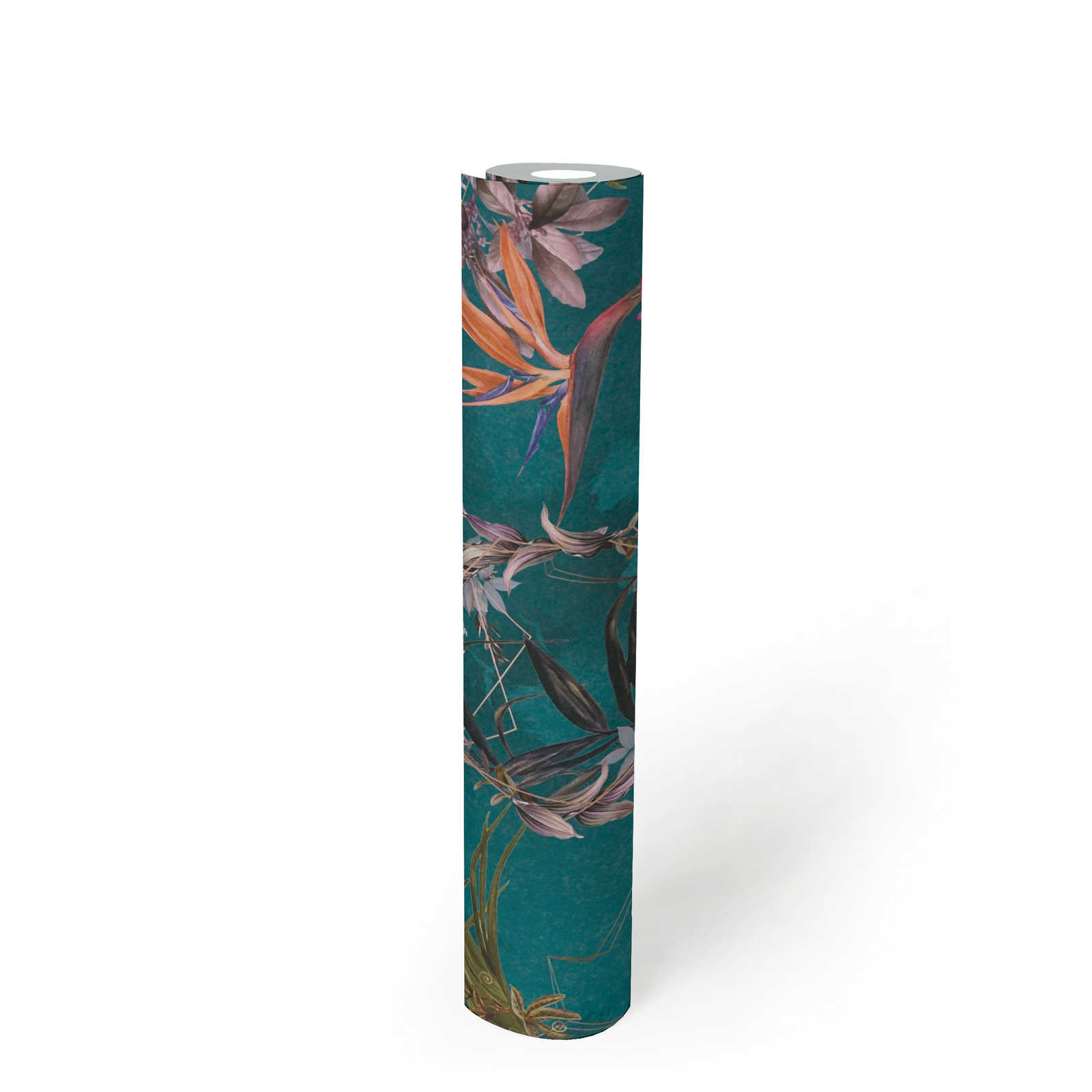             Papier peint jungle fleurs tropicales & oiseaux - turquoise, vert, multicolore
        