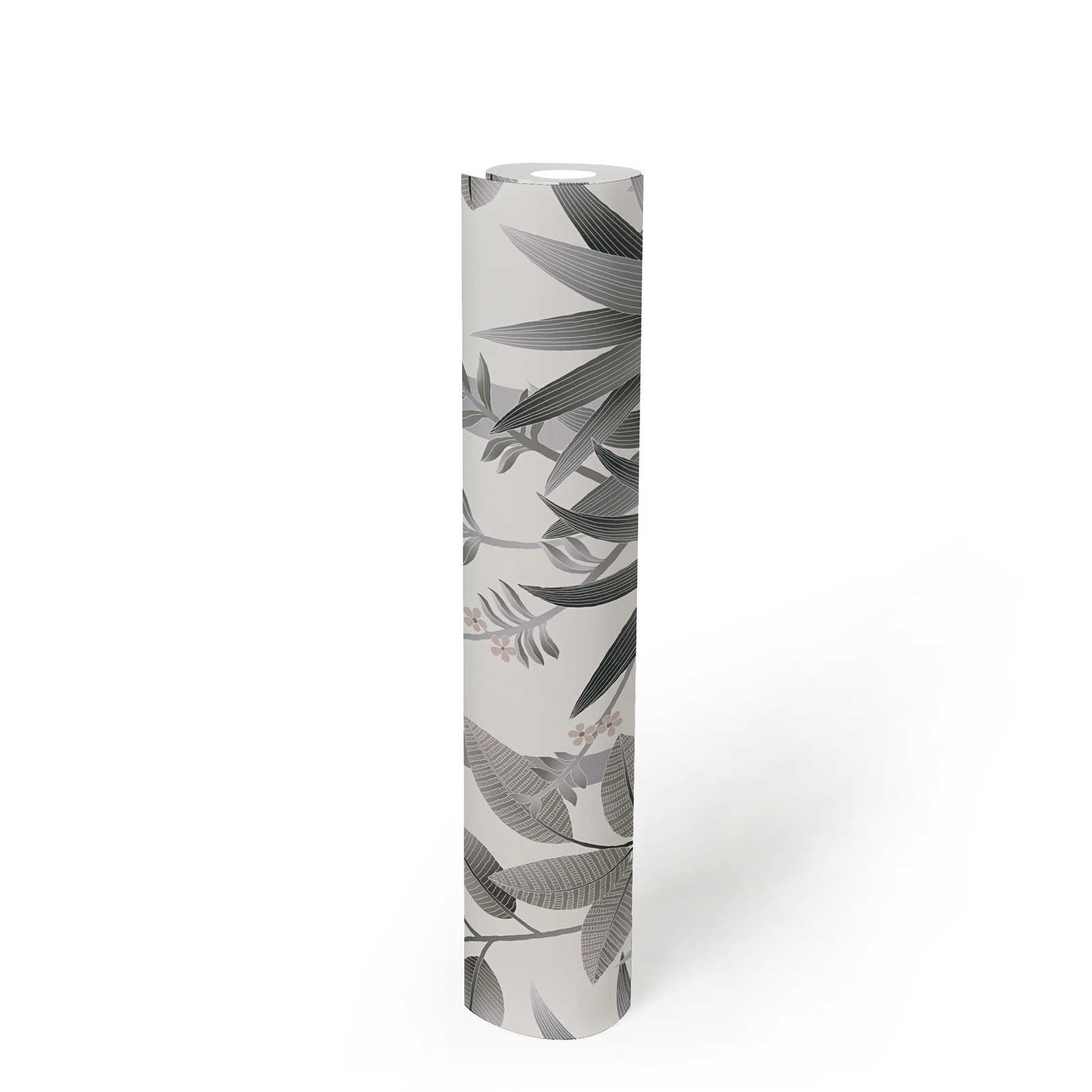             Floral non-woven wallpaper with leaf pattern - grey, black, white
        