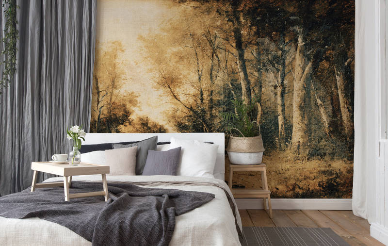             Papier peint paysage, forêt panoramique - marron, jaune, beige
        