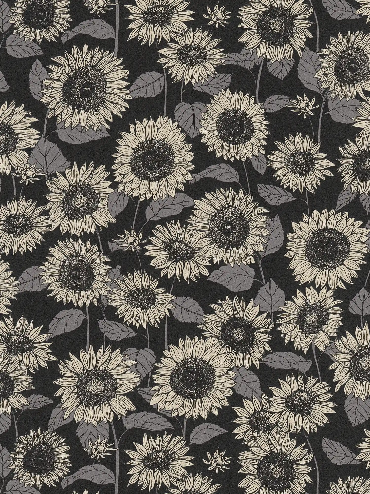 Papel pintado Girasol con flores de efecto metálico - negro, antracita, gris
