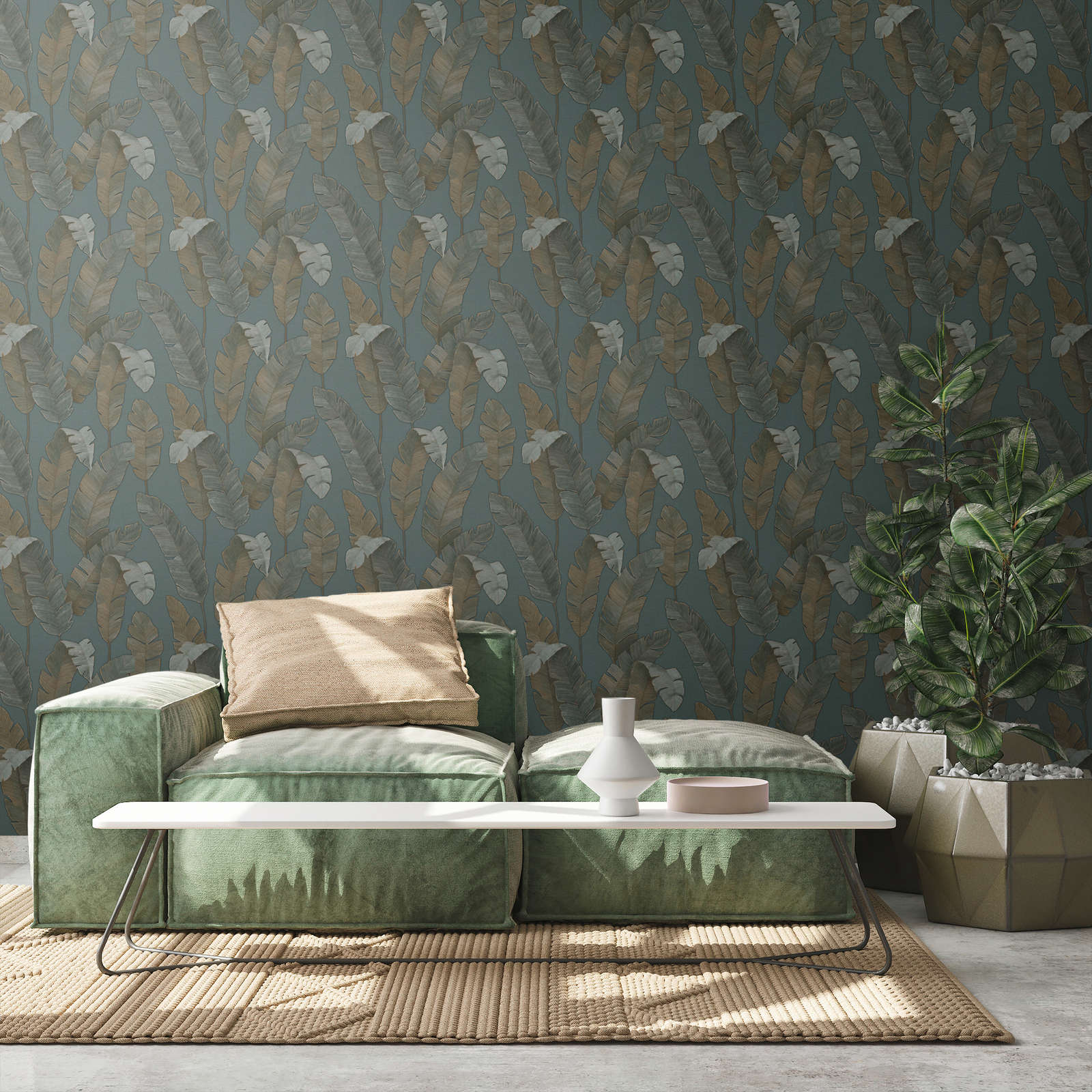             Non-woven wallpaper with large palm leaves in dark colour - petrol, green, brown
        