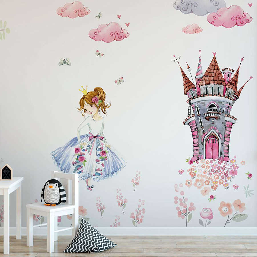 Papel pintado para la habitación de los niños "Princesa en el jardín del castillo" - rosa, blanco, verde
