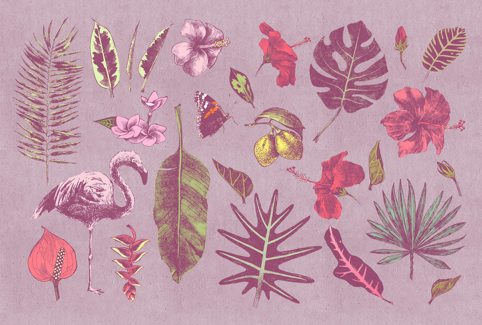             Papier peint Esquisse Flamant rose et feuilles - rose, vert
        