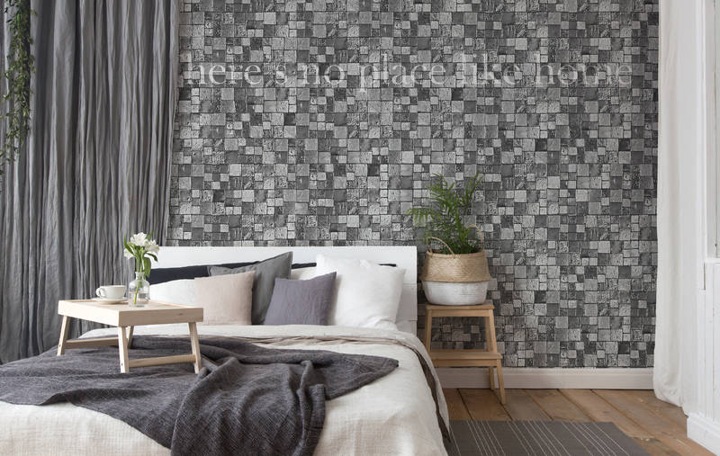             Papel pintado de mosaico, aspecto de piedra gris y refrán - blanco, gris, negro
        