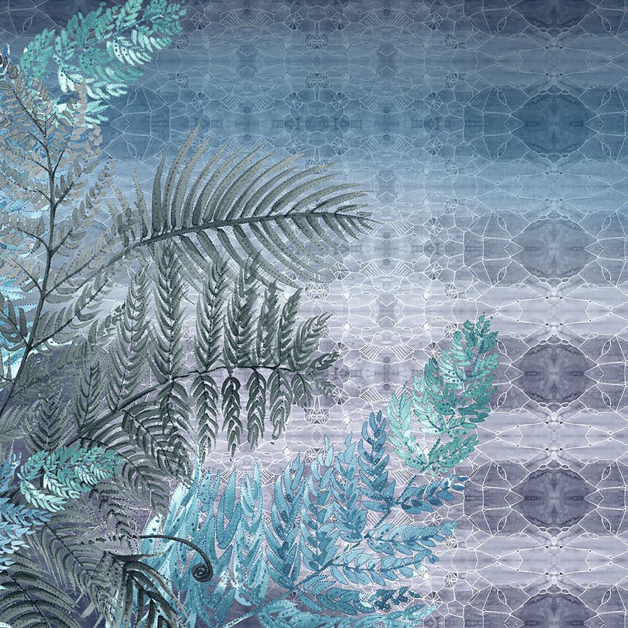 Watercolour photo wallpaper fern pattern in blue and purple on mother of pearl smooth nonwoven
