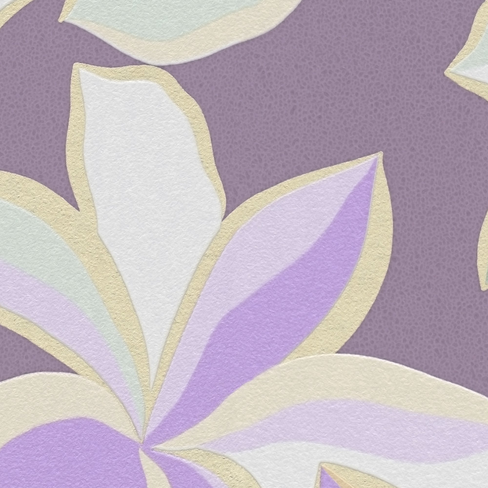             Papier peint fleuri avec motif brillant - violet, or, vert
        