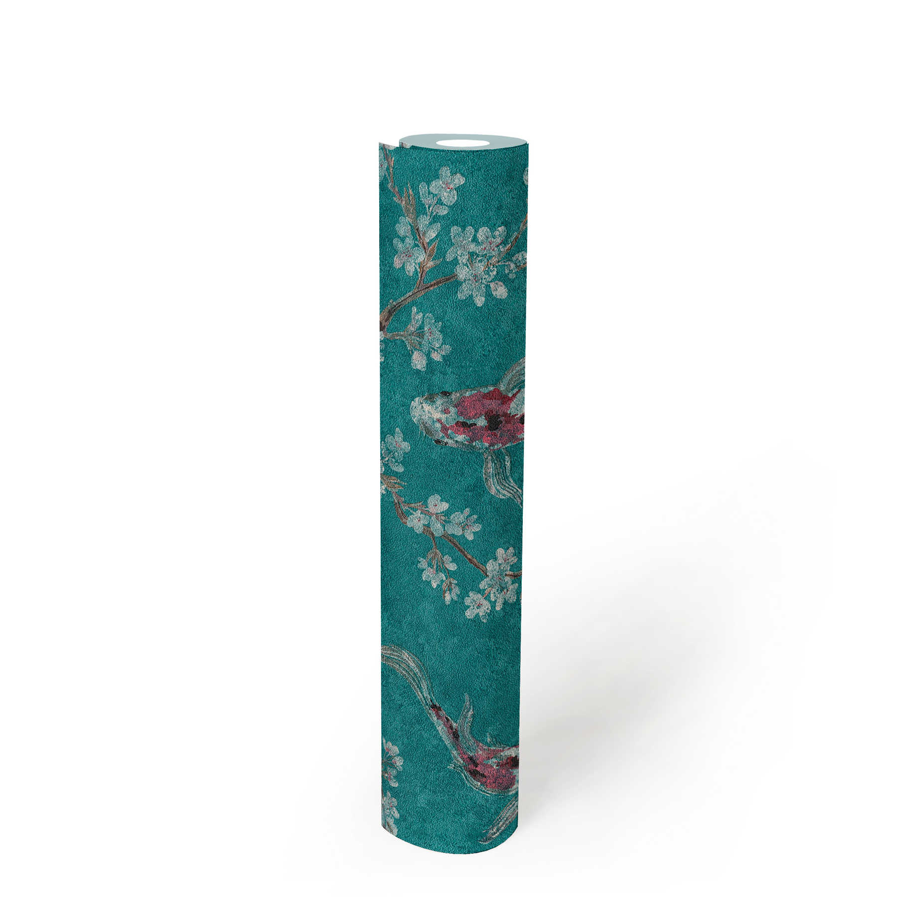             Papel pintado no tejido de estilo asiático con motivos koi - azul, verde, rojo
        