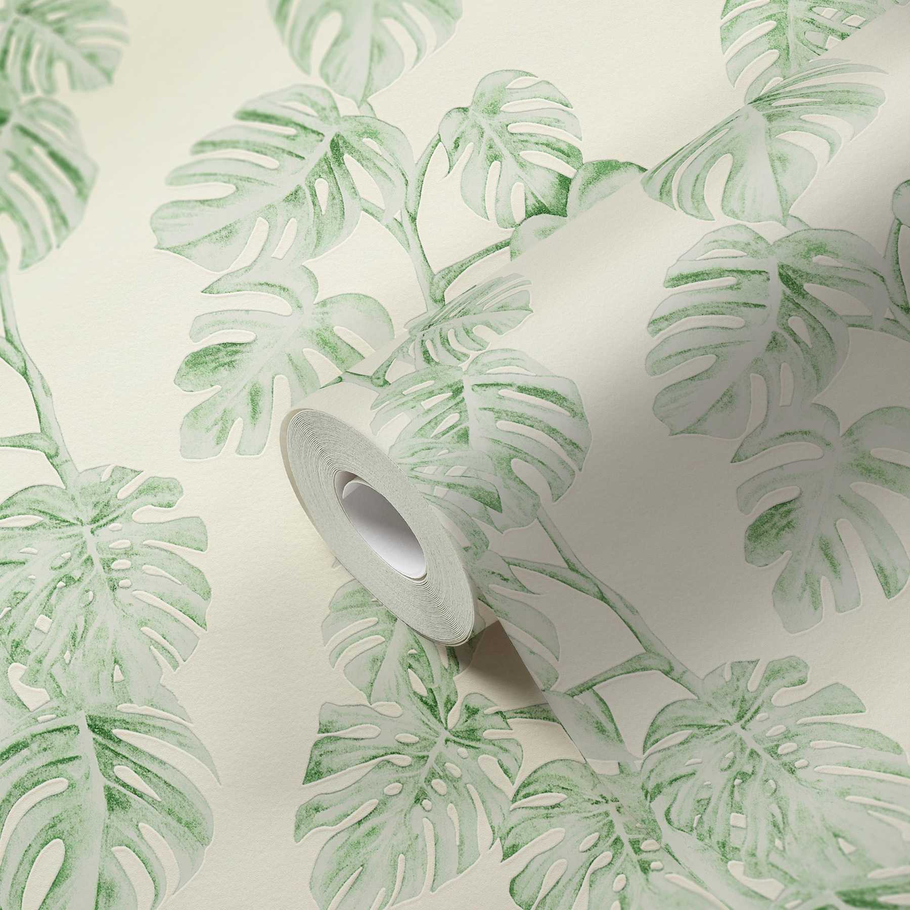             Papier peint intissé vrilles de monstera, motif naturel - vert, blanc
        