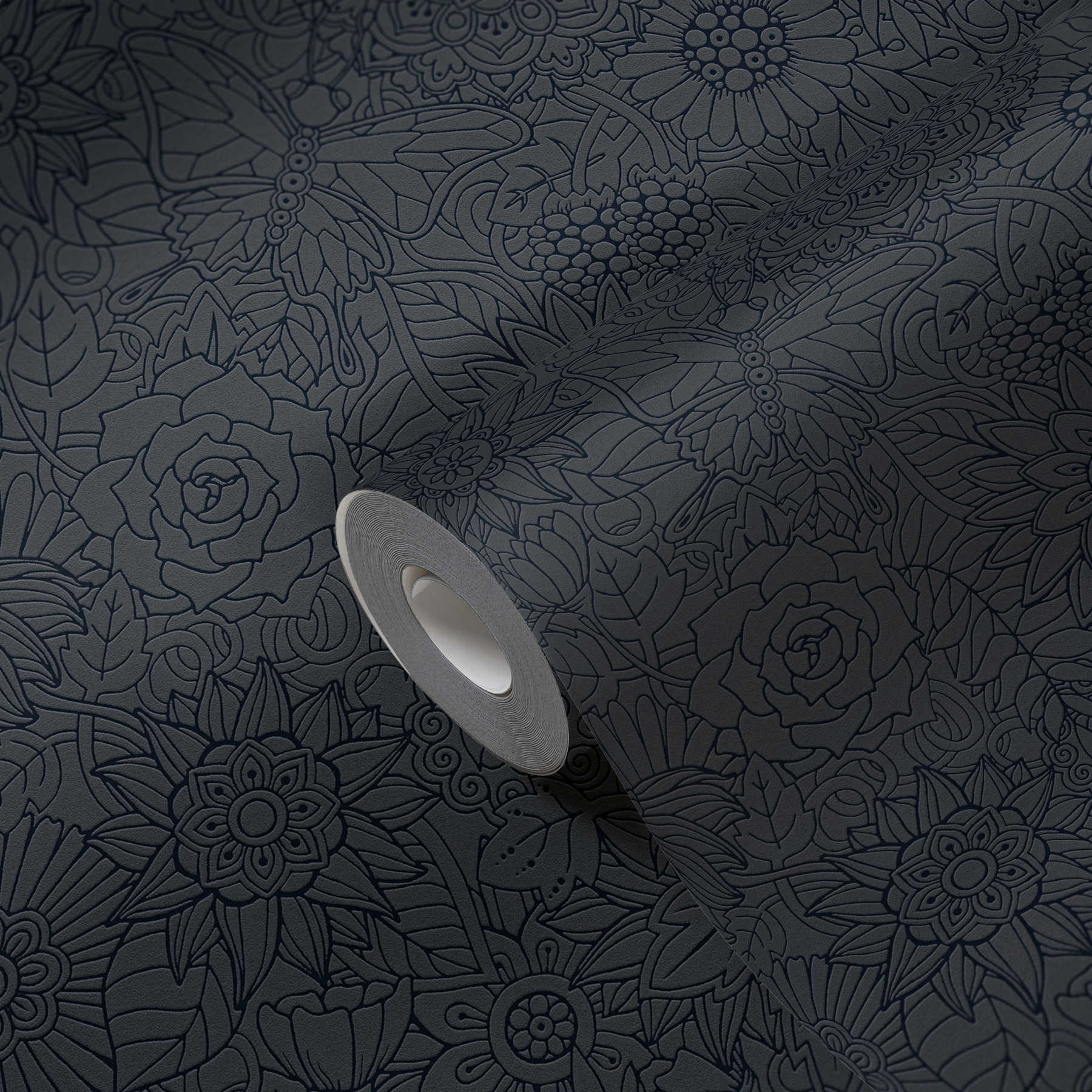             Papel pintado negro no tejido con motivos florales, mate y brillante - Negro, Metálico
        