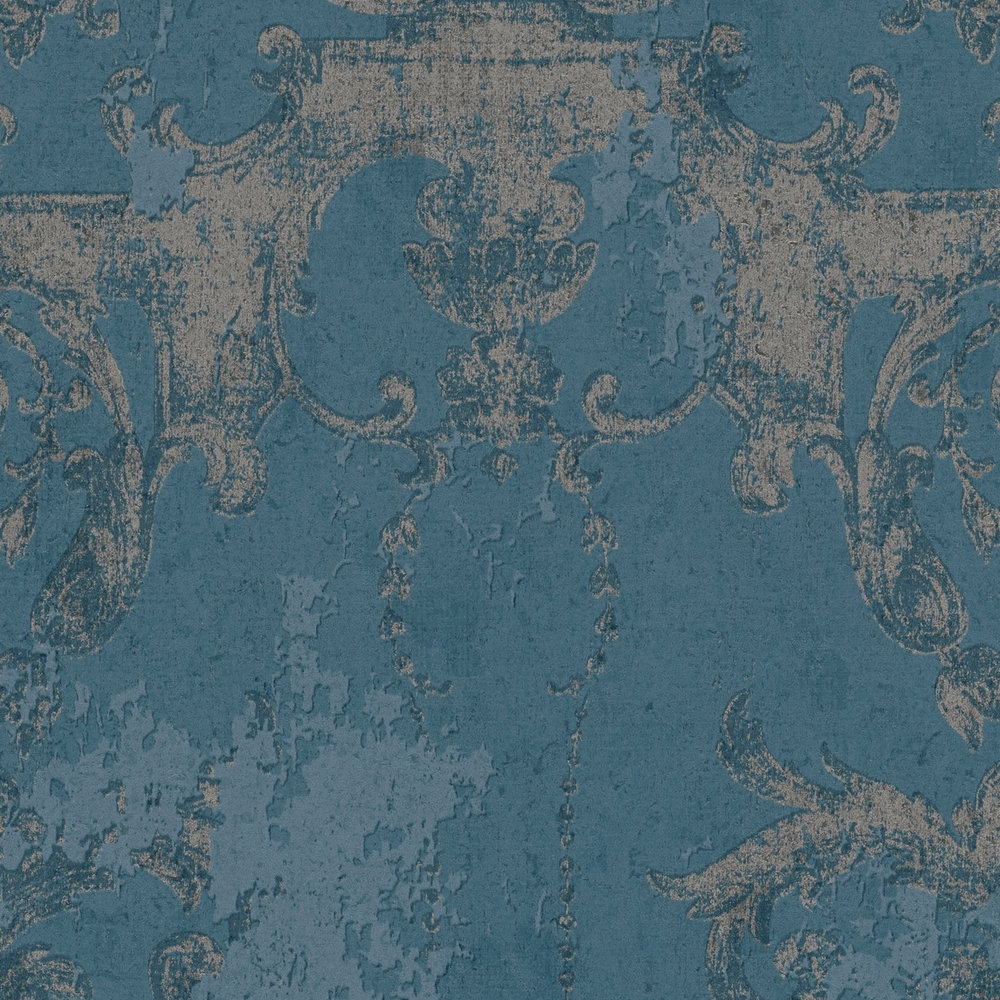             Papier peint ornemental style vintage & rustique - bleu, argenté
        