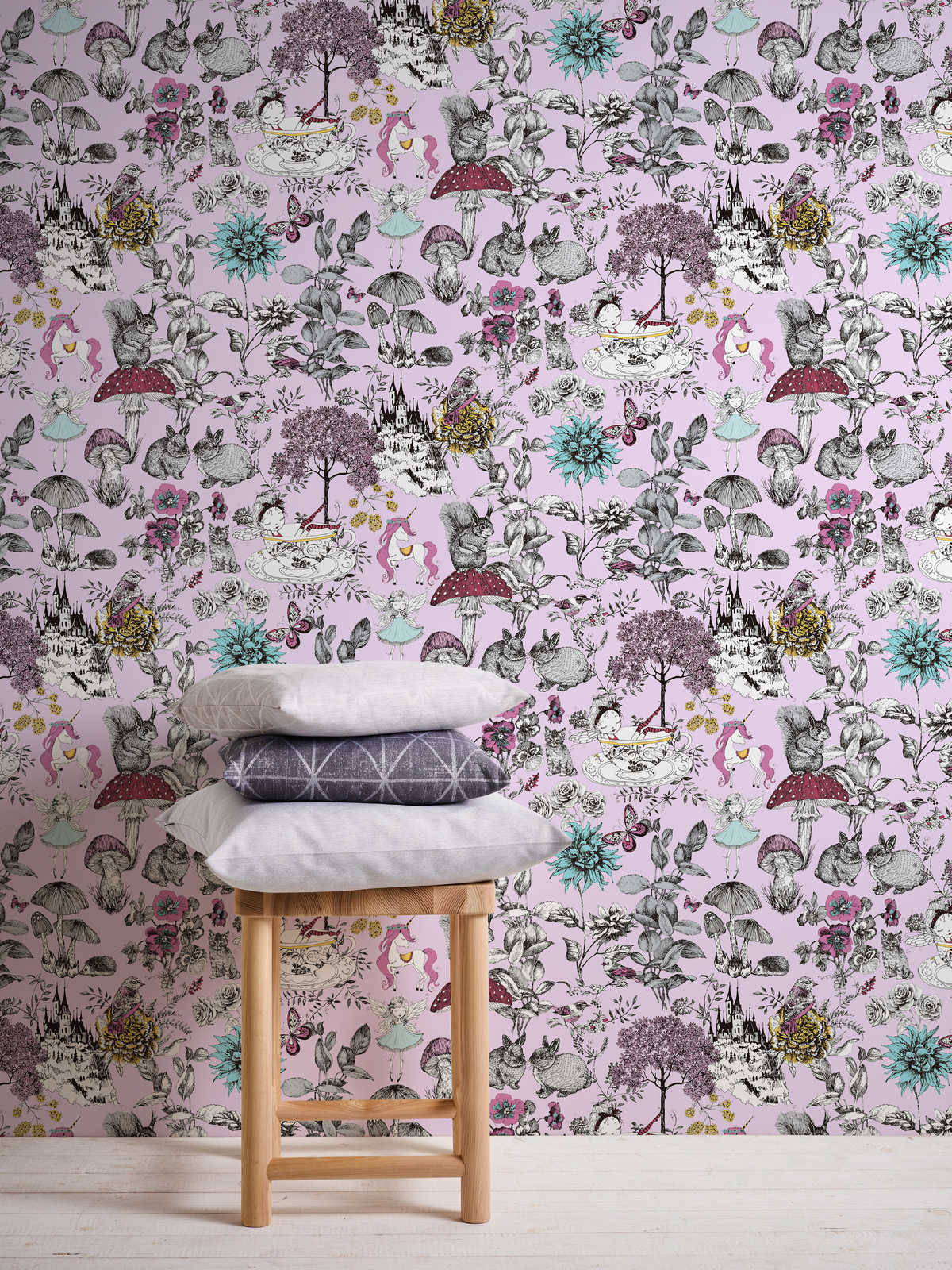            Forest wallpaper nursery fairies & animals - pink, black, white
        