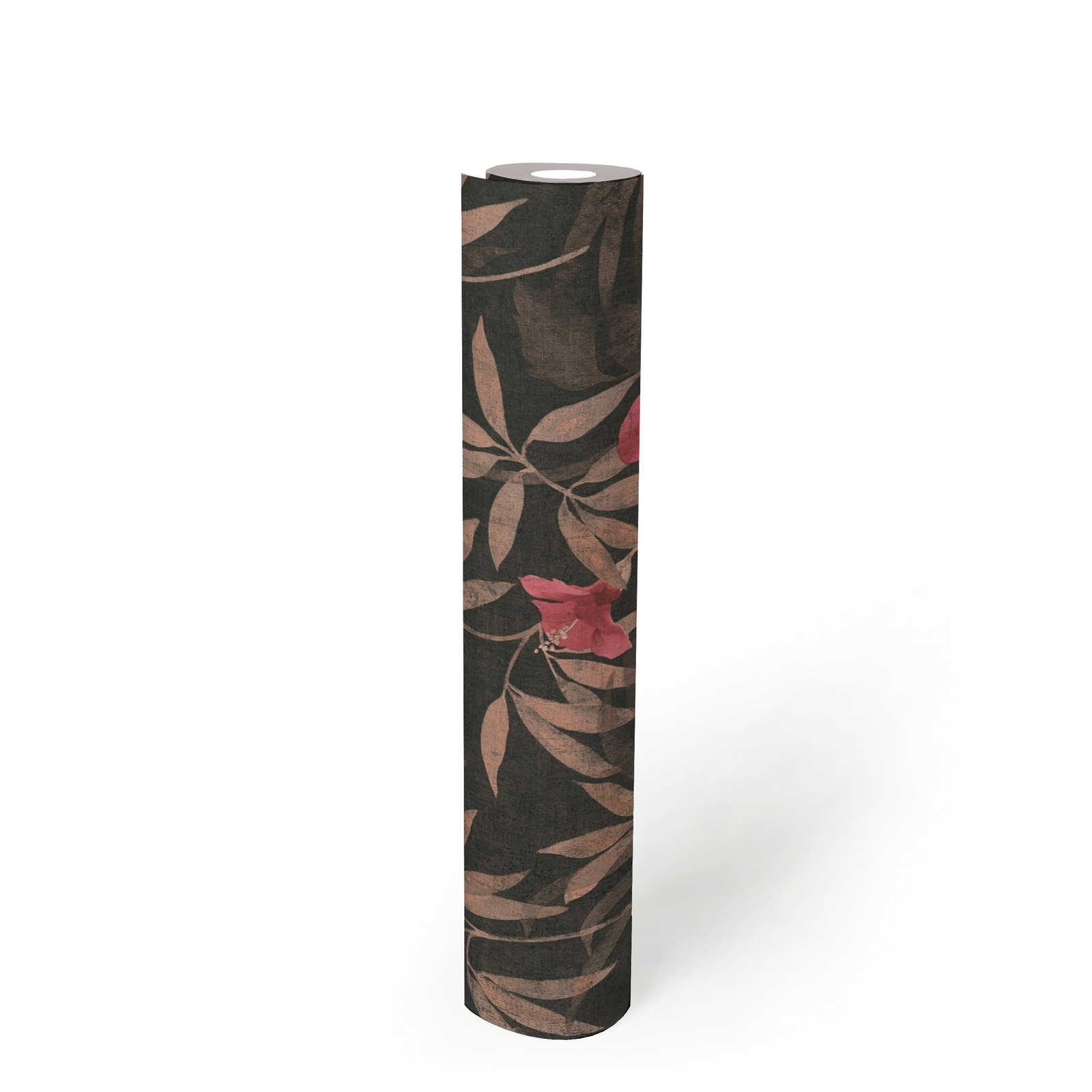             carta da parati foglie di giungla e fiori di ibisco - marrone, rosso
        