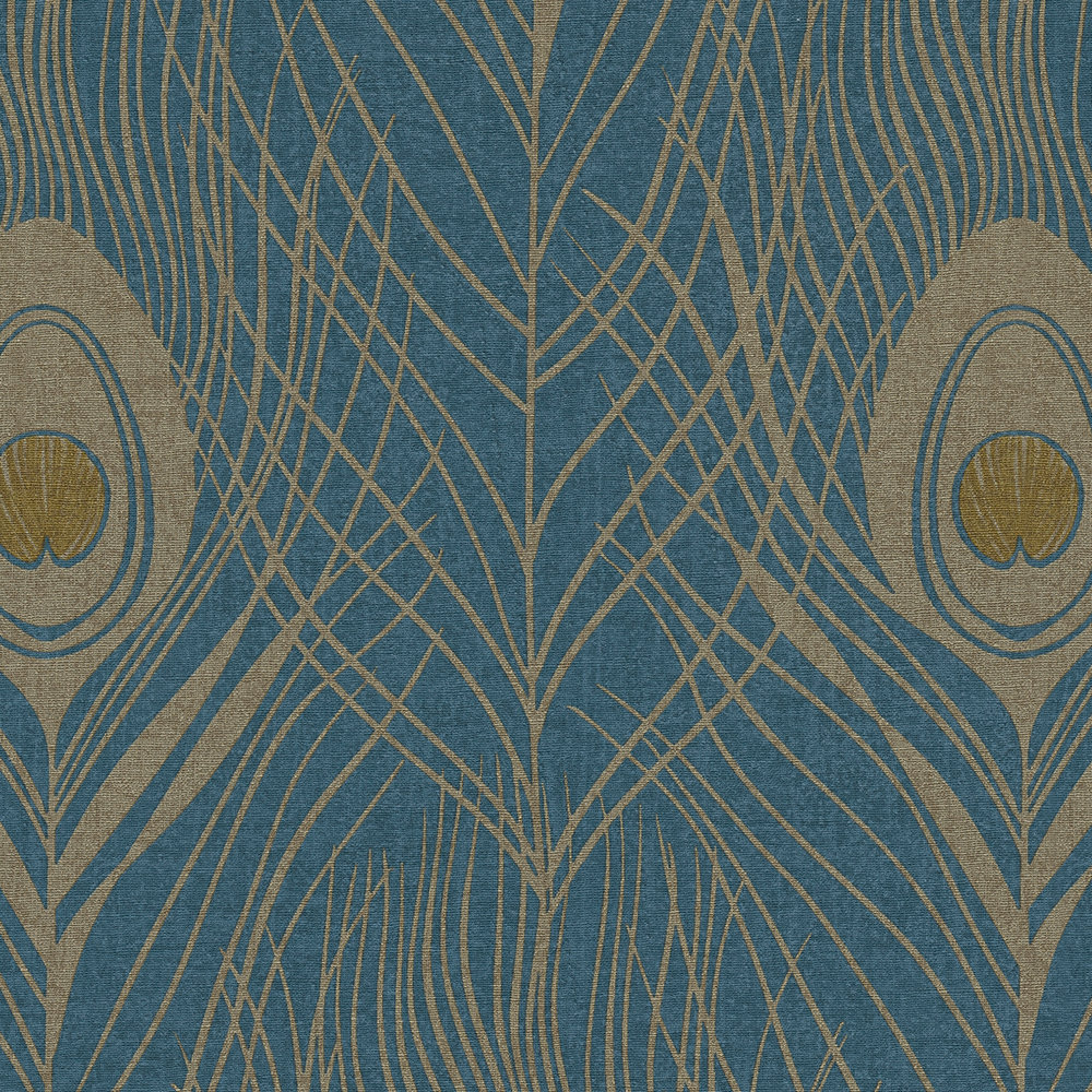             Papel pintado no tejido de plumas de pavo real, aspecto metálico - azul, oro, amarillo
        