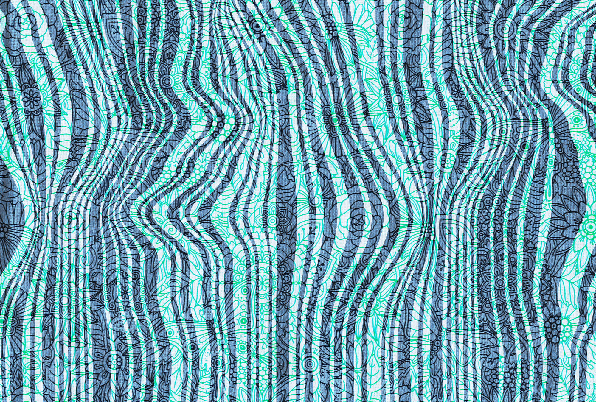             Papier peint Doodle design, motif de lignes abstraites - bleu, vert, noir
        