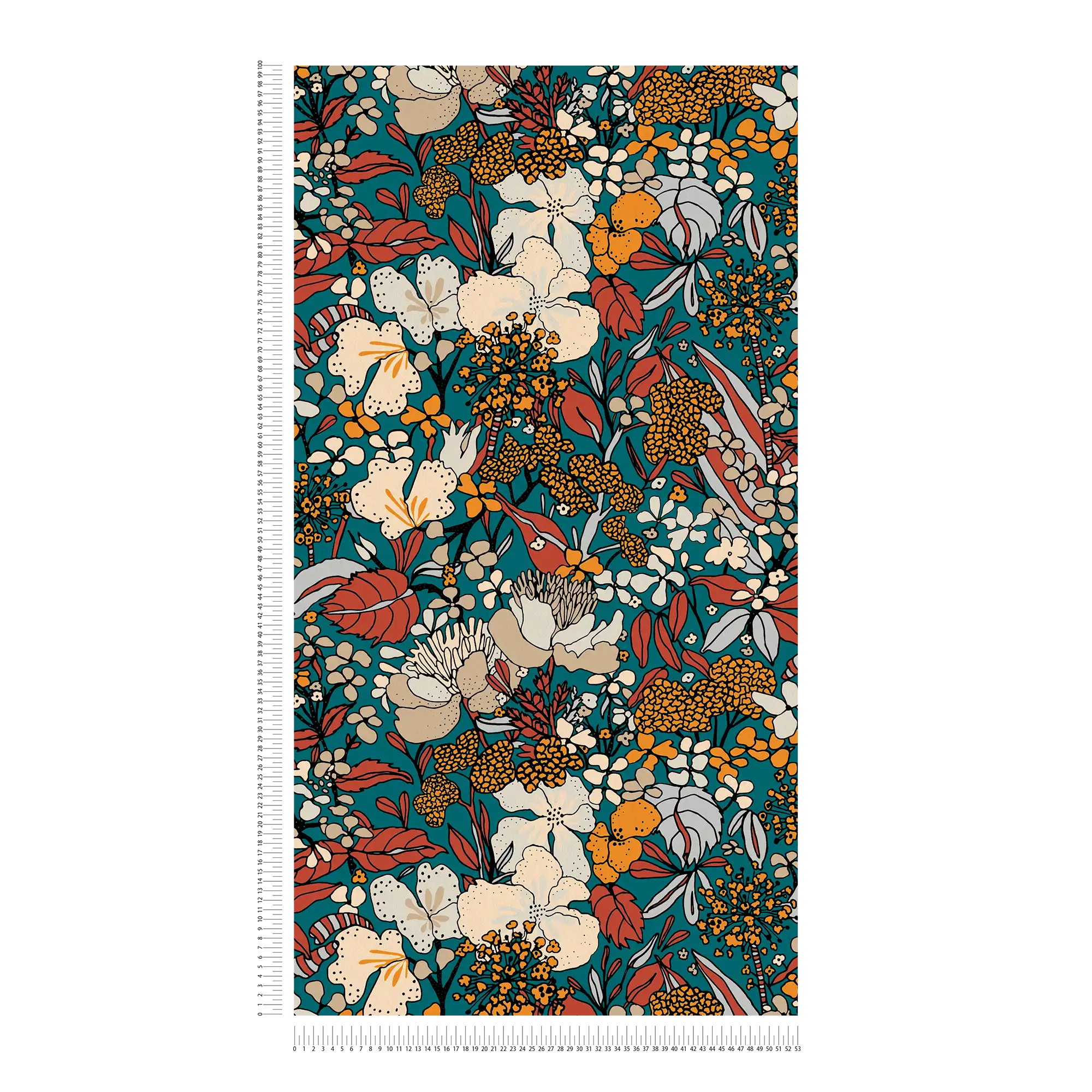             Flowers wallpaper petrol in 70s retro design - colourful, yellow, blue
        