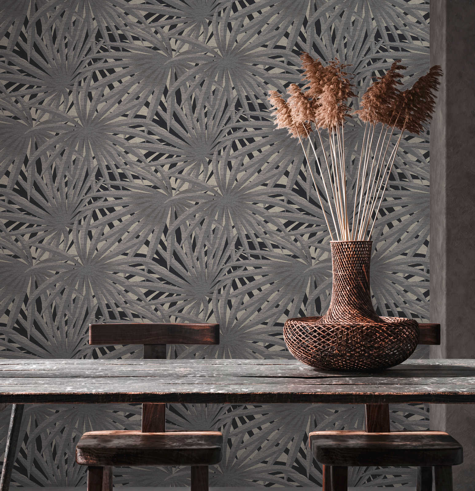            Vliesbehang jungle design met metallic effect - grijs, metallic, zwart
        
