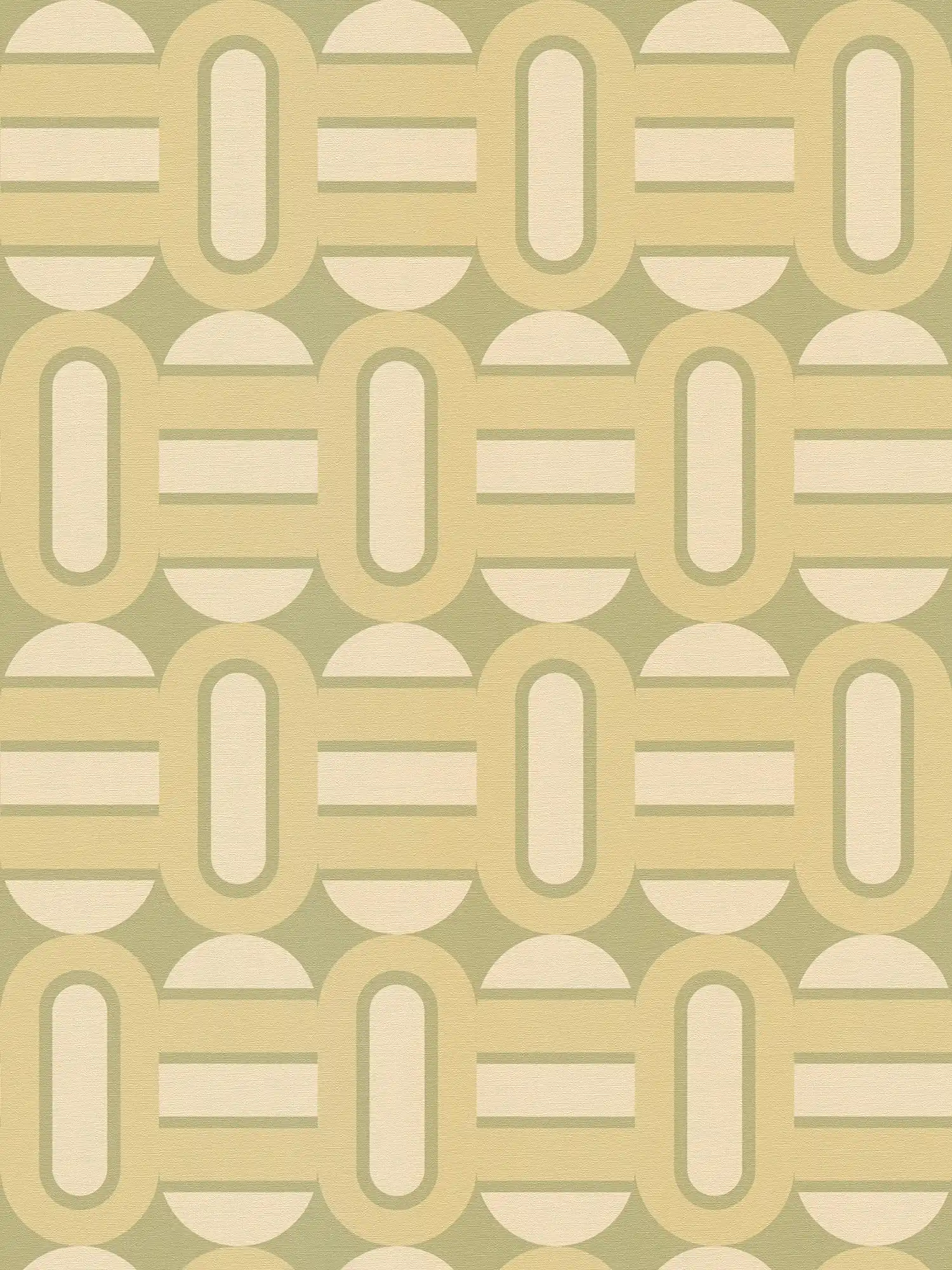 Non-woven wallpaper in retro style patterned with ovals and bars - green, cream
