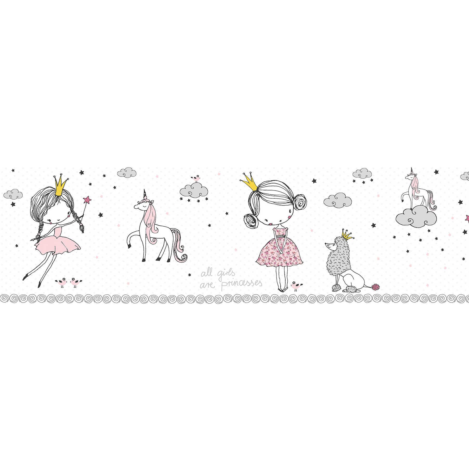         Cenefa autoadhesiva para niñas "Princess dream" - rosa, gris, amarillo
    