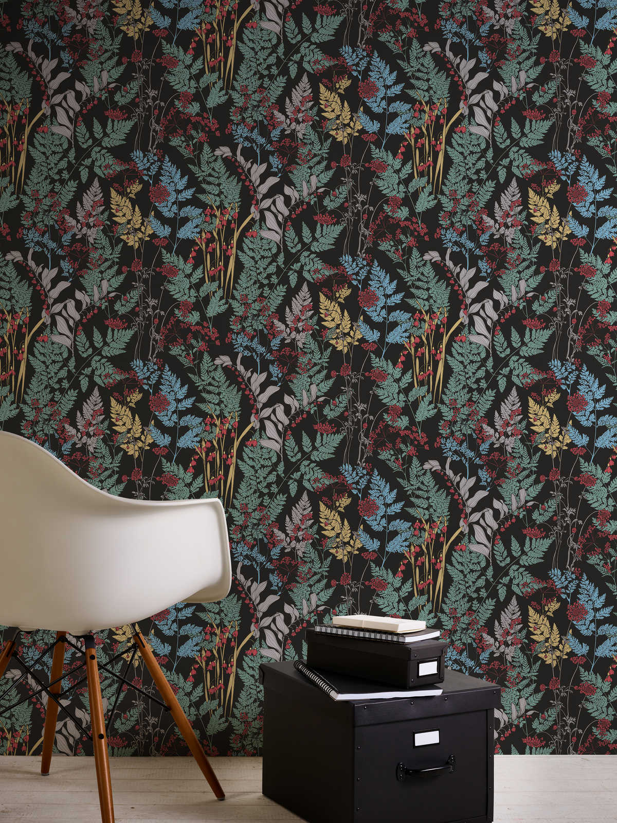             Non-woven wallpaper flowers & leaves motif in drawing style - black, green, yellow
        