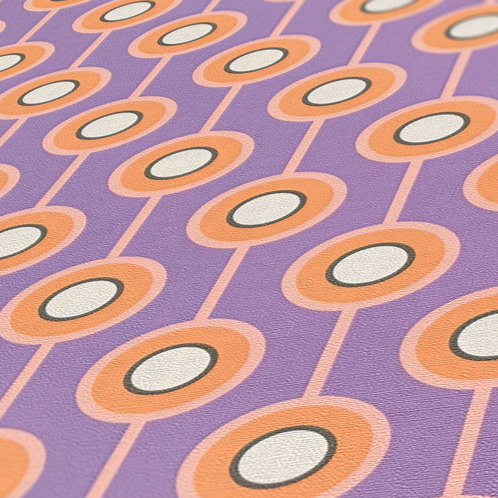             Abstract circle pattern on non-woven wallpaper in retro style - purple, orange, beige
        