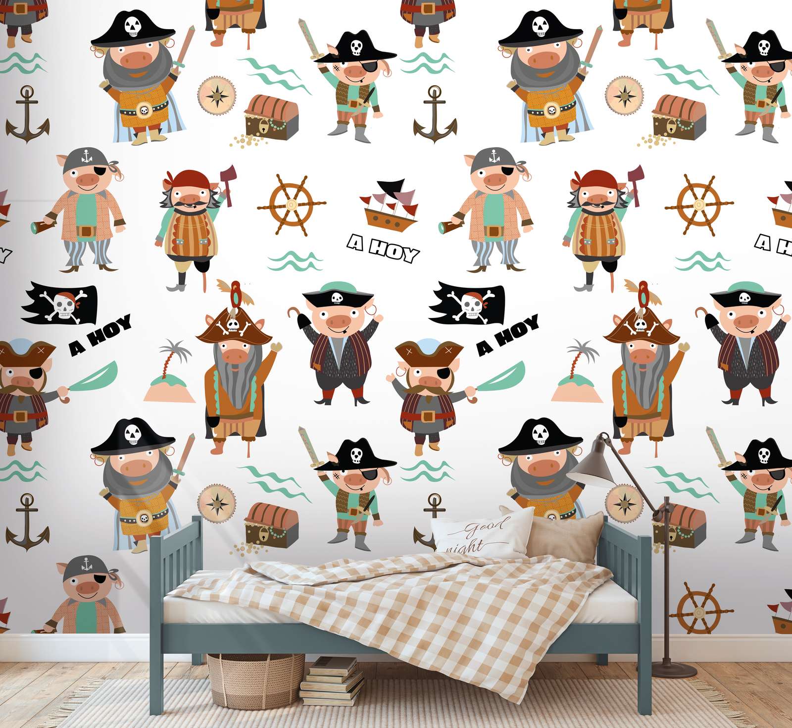             Children's wallpaper with various pirates and symbols - colourful, cream, brown
        