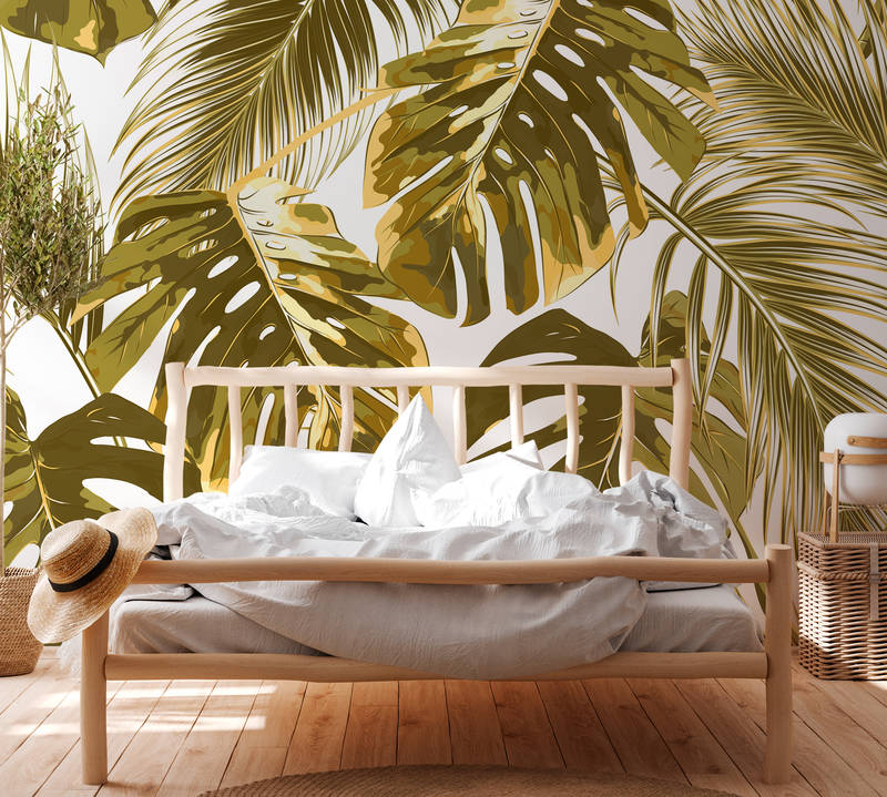             Palm leaves art style mural - Yellow, White
        